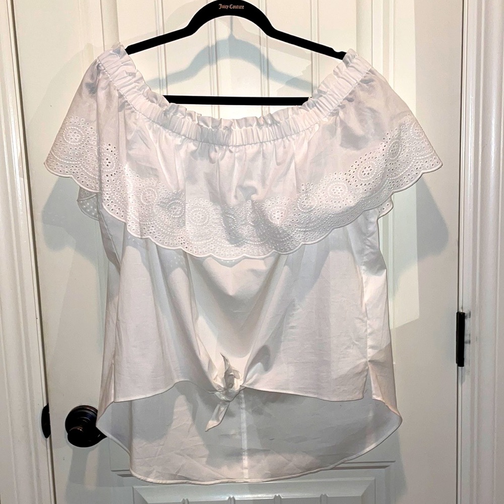 Blue Rain 16W  White Top Off or On the-Shoulder Tie at bottom front Longer Back